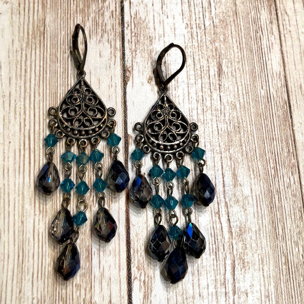 Handmade Sterling silver boho earrings w/ Swarovski crystals in charcoal & aqua - Picture 5 of 11